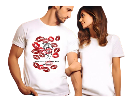 PRINTED COUPLE T-SHIRT "Your heart is covered with my kisses" NEW SUMMER PRINTED COUPLE T-SHIRT MEN AND WOMEN