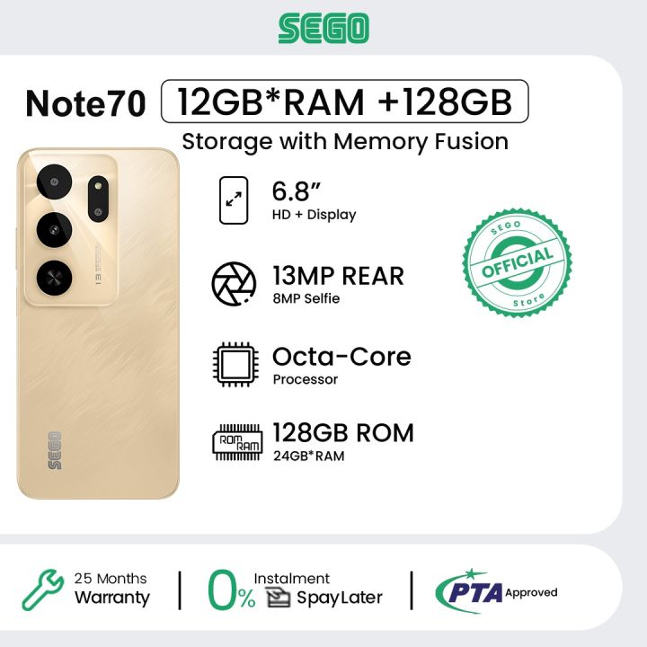 SEGO Note 70 Smartphone, 6.8" HD+ Display, Octa-Core Processor, 13MP Triple Rear Camera, 8MP Selfie, 5000mAh Battery, 128GB Storage, 12GB RAM (8GB Extended), xAI OS, Dual SIM, 4G LTE.