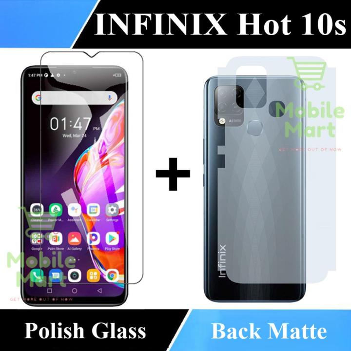 Infinix Hot 10s Polish Glass Screen Protector + Back Matte Protector Fiber Carbon Soft Skin Sheet For Infinix Hot 10s