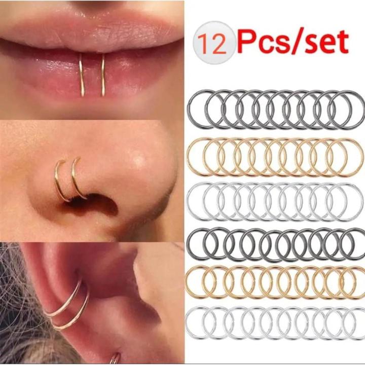 12Pcs/set Nose Ring Piercing Punk golden selvar Color Handmade Tiny Nose Lip Hoop Ring Septum Rings Piercing Stud Body Jewelry