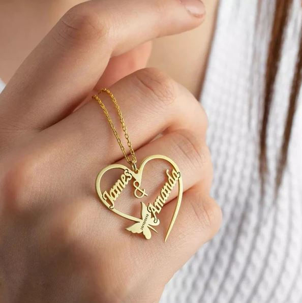 THE JEWEL LODGE CUSTOMIZED BUTTERFLY HEART COUPLE NAME NECKLACE