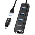 Techole USB 3.0 Hub Aluminum USB Ethernet Adapter Splitter with RJ45 10/100/1000Mbps Gigabit Network LAN Port - 3 Ports USB 3.0 HUB -Type C Adapter for Windows 7/8/10, Linux , PC etc. 