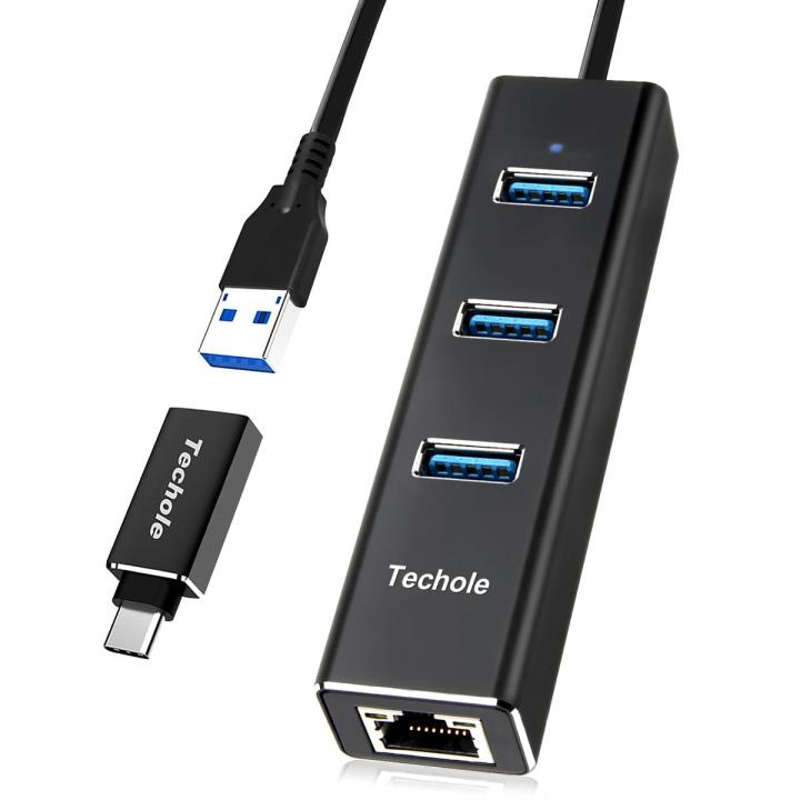 Techole USB 3.0 Hub Aluminum USB Ethernet Adapter Splitter with RJ45 10/100/1000Mbps Gigabit Network LAN Port - 3 Ports USB 3.0 HUB -Type C Adapter for Windows 7/8/10, Linux , PC etc