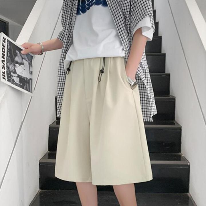 Men Solid Casual Shorts Loose Wide Leg Knee Length Summer Breathable Fashion Simple Trousers Korean Style Silk Satin Thin Bottom