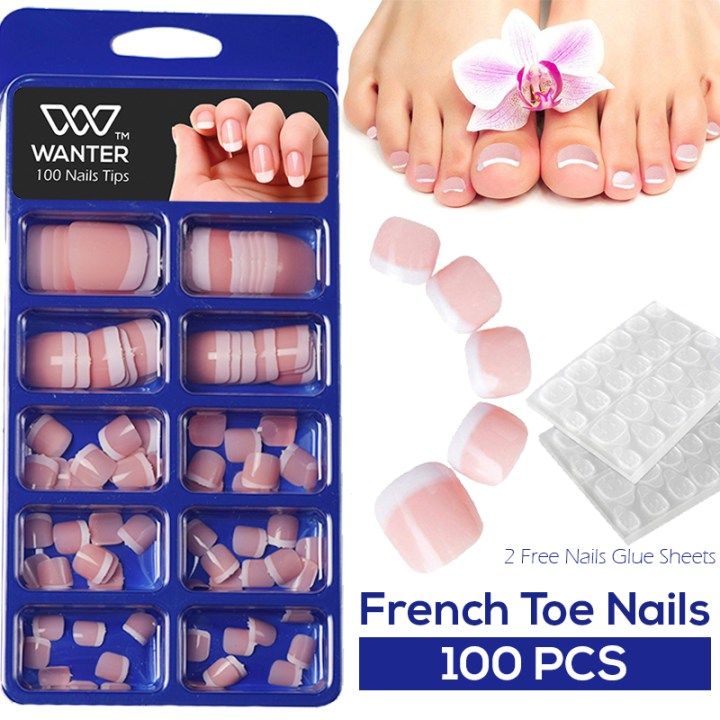 WANTER - 100pcs French Toenails For Foots Nails For Girls, Fake Nails, Artificial Nails, Nails For Girls Beautiful Fancy Nails With Nail Glue,Toe Nails Acrylic Nails Kit 100pcs Set
