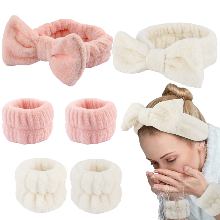 Spa Headband and Wrist Towels for Face Washing Set Elastic Bow Headbands with Highly Absorbent Wristbands for Shower Skincare