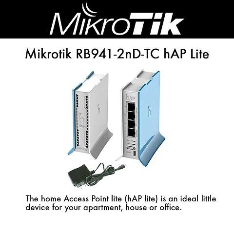 RB941-2nD-TC (hAP lite) MikroTik Router BOARD Low cost home wireless small AP with dual chain 2.4GHz wireless, powered by USB with four ethernet ports and a colorful enclosure. (New Box Pack)