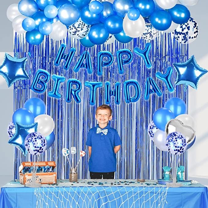 Happy Birthday Blue Decoration Set Including Birthday Foil + 30 Balloons +3x Confetti Balloons +2x Stars + 1pc Curtains 6 feet Length ) Birthday themes for girls and boys -Birthday accessories Birthday décor