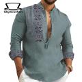 Men Long Sleeve Shirt Stylish Ethnic Print Men's Casual T-shirt Slim Fit Long Sleeve Stand Collar Trendy Spring/fall Shirt for Southeast Asian Fashion Enthusiasts Men Shirt. 