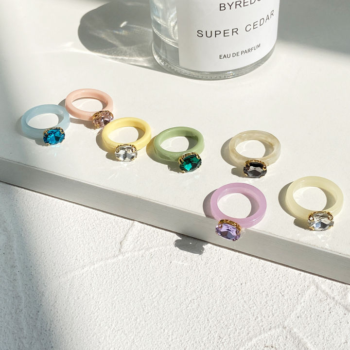Fashion Colorful Acrylic Rings Rhinestone Resin Plastic Rings for Women ...