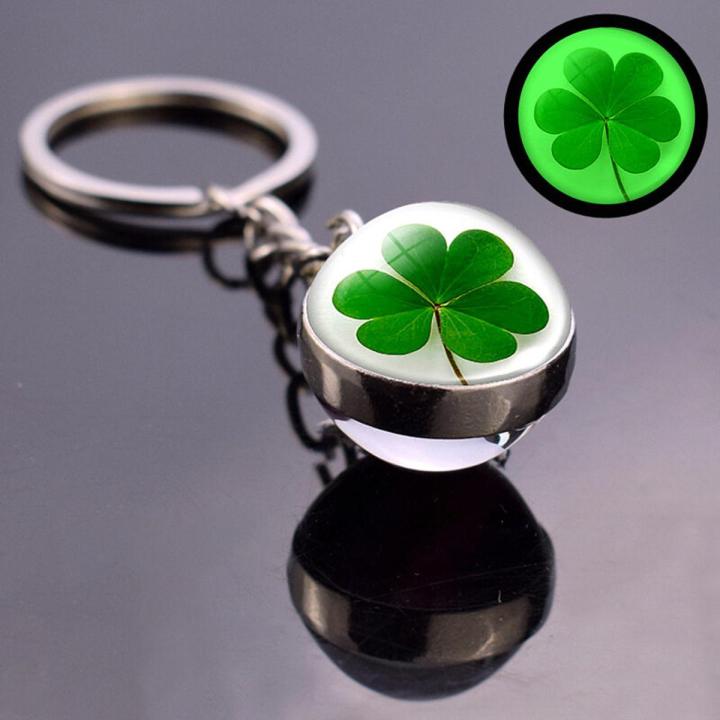 Clover Keychain Four Leaf Clover Glass Bal L Double Side Pendant Metal Keyring Lucky Jewelry Gift