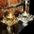 Pack of 2 Golden and White Crystal Glass Block Flower Candle Holders, Home Decor Big Tealight Stand. 