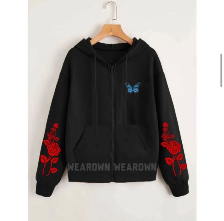 Black%20Roses%20Butterfly%20Fleece%20Full%20Seeves%20Zipper%20Hoodie%20For%20Women%20-%20Image%202
