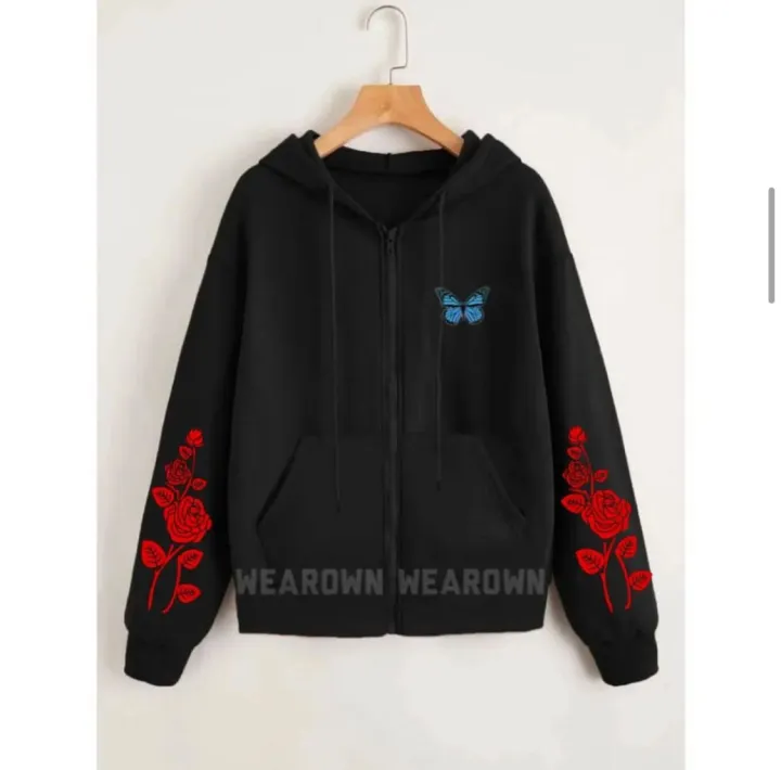 Black%20Roses%20Butterfly%20Fleece%20Full%20Seeves%20Zipper%20Hoodie%20For%20Women%20-%20Image%202