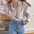 Women Summer Striped Printing Shirt Contrast Color Pleated Blouse Loose Long Sleeve Tops. 