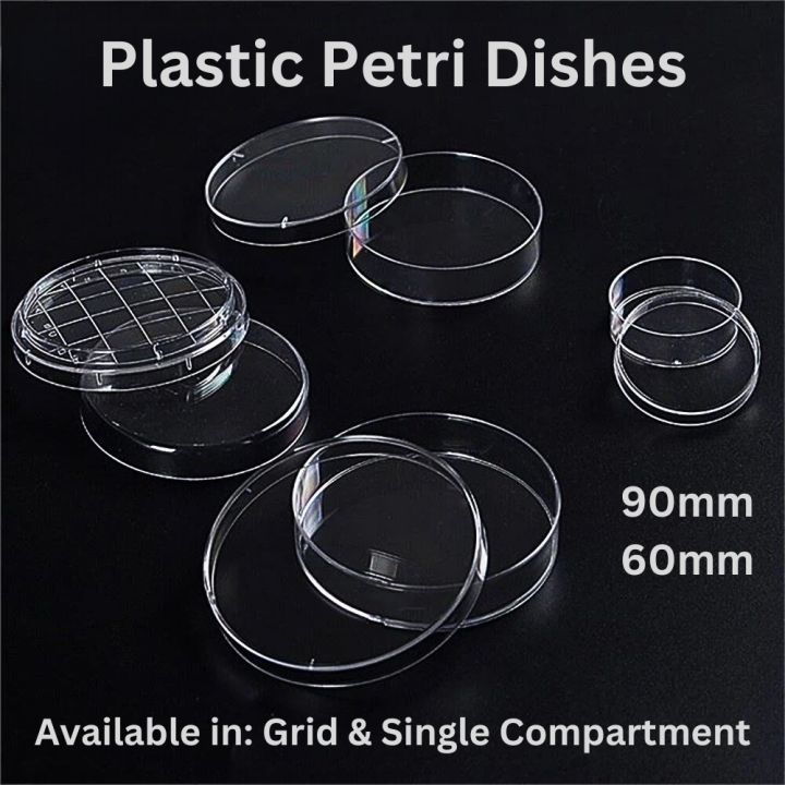 Plastic Petri Dishes 60mm to 90mm – Pack of 10 ( 1-6 Packs ) – Grid & Single Compartment, Stackable, Transparent, Vented – Perfect for Lab Work, Research, Bacteria & Fungi Culture, Science Experiments, School Projects, & Microbiology Study