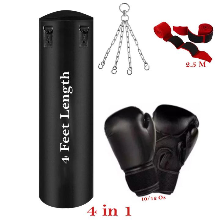 Boxing Bag with chain Boxing Gloves and Hand bandages Wraps Boxing Kit Full Set Punching Bag for Men | Girls | Adults Length 3 feet & 4 Feet