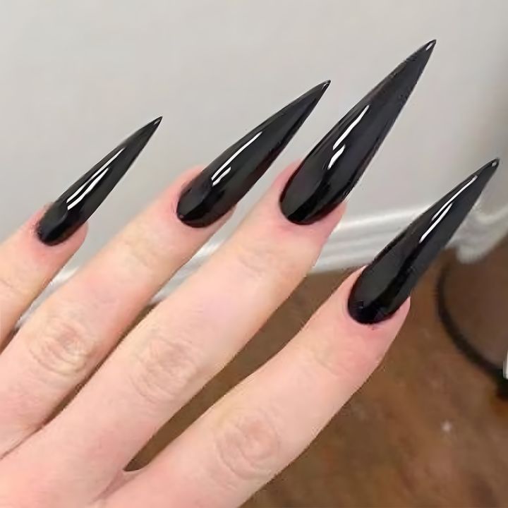 24pcs Glossy Black Nails Set Press On Nail Tips Solid Color Long Stiletto Removable Artificial Nails Decoration Nail Art