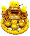 Mehndi  Tray  Golden With Three Mirror, Three Diya, & Tissue Box. 