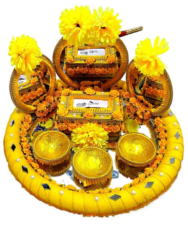 Mehndi  Tray  Golden With Three Mirror, Three Diya, & Tissue Box