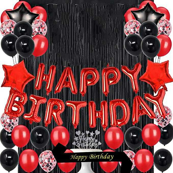 Happy Birthday Red and Black  Decoration Set Including (Birthday Foil + 30 Balloons + 5 x Confetti Balloons +2 x stars +1 pc Curtains 6 feet Length ) Party Items Birthday Themes For Boy/Girl -Birthday