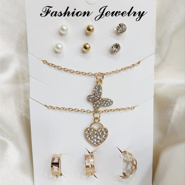 Pack Of 8 Jewelry Set 3 Rings With Adjustable Sizes - 2 Necklace / Pendant & 3 Stud Earrings (Random Design