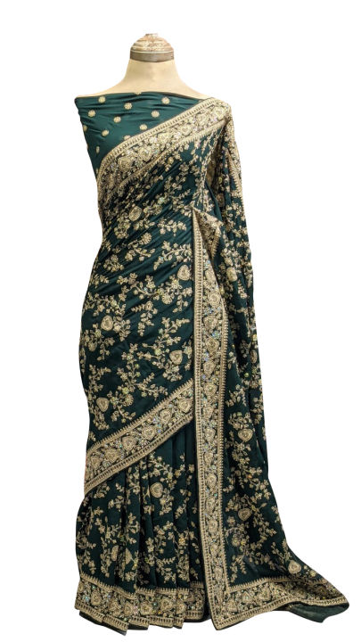 Green Fancy Bridal Chiffon Heavy Embroidery Saree by Sadaf Saree Emporium - SSE-0002