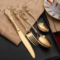 【HOT】 Vintage Western Gold Plated Cutlery Dining Knives Forks Teaspoons Set Golden Luxury Dinnerware Engraving Tableware Utensils Set. 