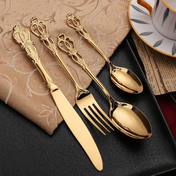 【HOT】 Vintage Western Gold Plated Cutlery Dining Knives Forks Teaspoons Set Golden Luxury Dinnerware Engraving Tableware Utensils Set
