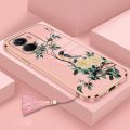 casing oppo a57 4g 2022 phone case Electroplated Plating silicone bird with flower design soft shell to send lanyard. 