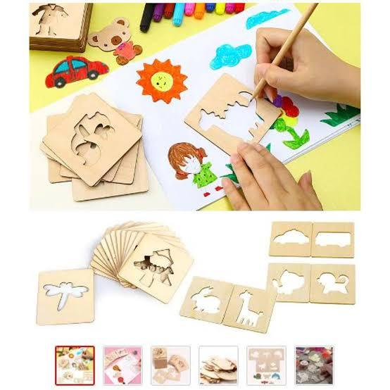 Kids Wooden Stencils Drawing and Puzzle Kit Best Learning Toy For Kids Pack of 12