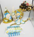BABY BOY BIRTHDAY PARTY THEME SET ( BIRTHDAY CAPS , PLATES , CUPS , STRAWS , PROP , PARTY MASKS AND WHISTLES ). 