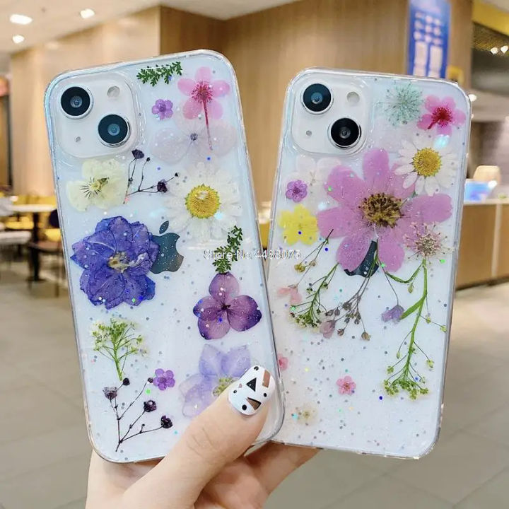 Real Dried Pressed Flowers Phone Case For iPhone 13 12 11 Pro Max X XR XS Max 6 S 7 8 Plus 13Promax Case Soft Clear Floral Cover