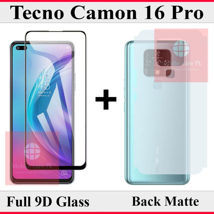 Tecno Camon 16 Pro 9D Glass Protector Tempered Glass Edge To Edge + Back Matte Protector Fiber Carbon Soft Skin Sheet For Tecno Camon 16 Pro