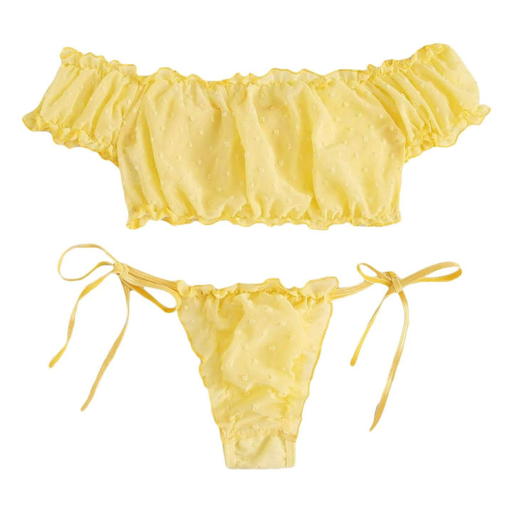 Women’s Two-Piece Nightwear Set - Off Shoulder Ruffle Trim Lingerie Set, Bra and Panty, Stylish and Comfortable