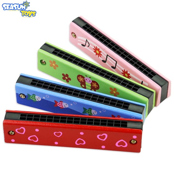 SEASUN Toys Harmonica For Kids Children Music Instrument 16 Holes Musical Educational Toy Wooden Cover