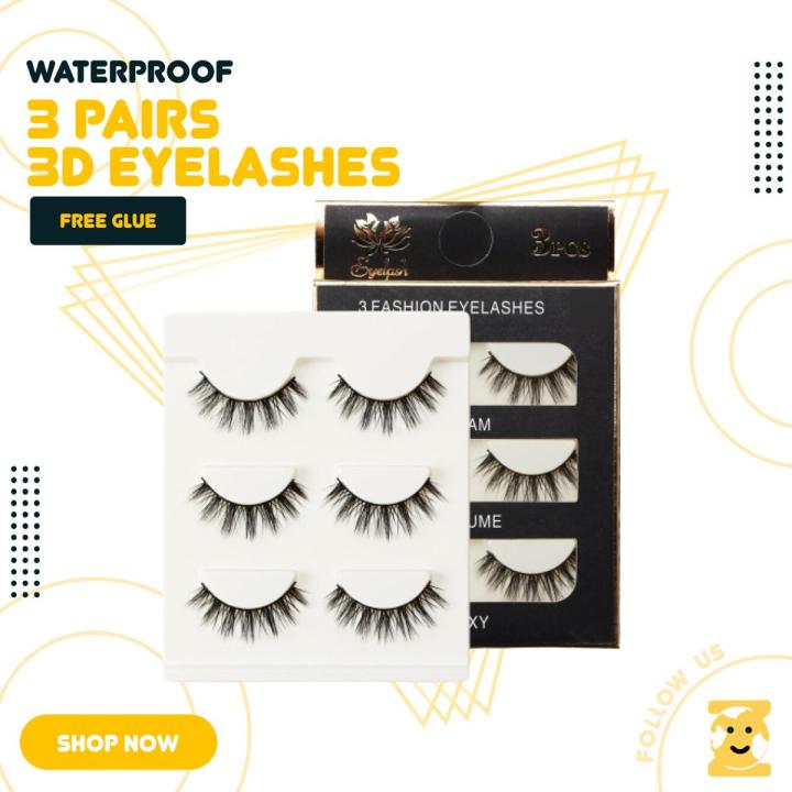 3 Pairs 3D Eye Lashes - High Quality Eyelashes | Black Thick 3D Fiber Naturally Long  fake_eyelashes False Eyelashes Simple Fidelity design | 3 Pairs 3D Eye Lashes - High Quality Eyelashes (with free Glue)