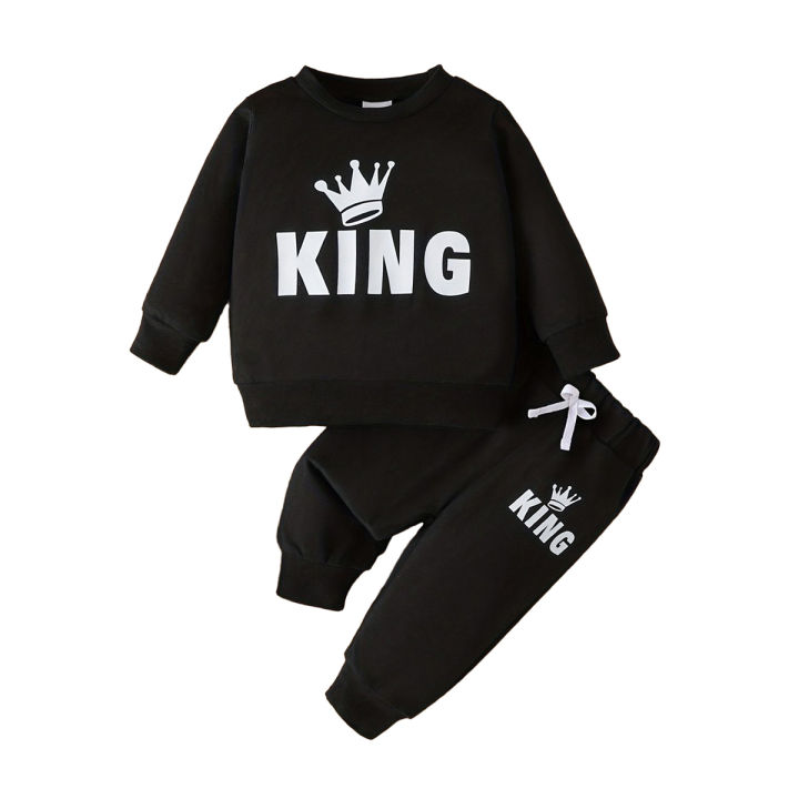 "Keep Your Baby Boy Stylish and Comfy with a King Letter Print Tracksuit - King Letter Print Sweatshirt & Trousers Set"