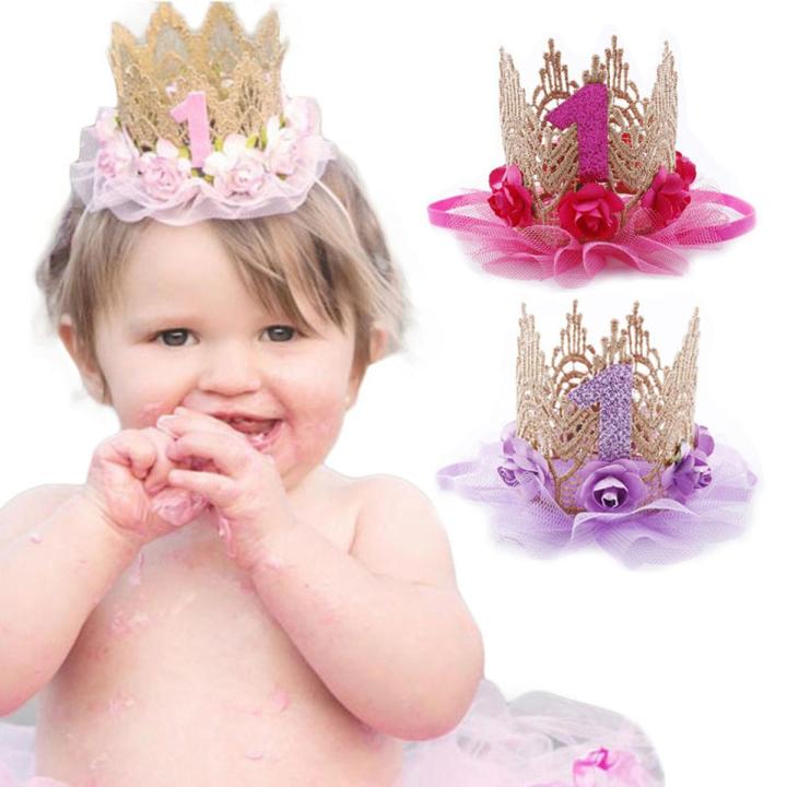 1st Birthday Crown Hat Flower Princess Crown Headband One Year Baby Girl Happy Birthday Party Hats Child Baby Shower Decoartion