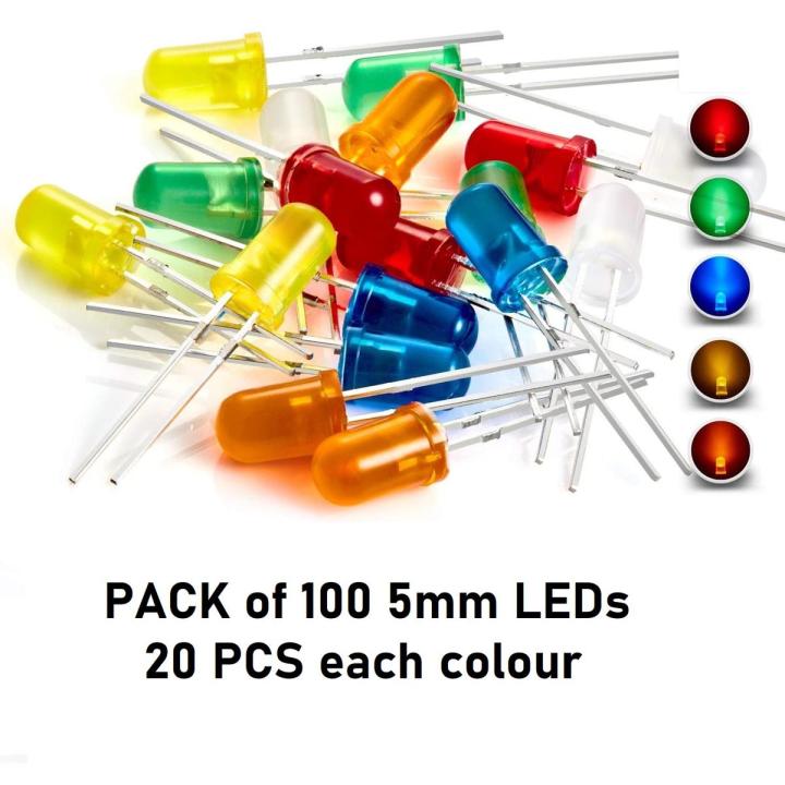 5mm LED, Pack of 100, Red Green Yellow Blue Orange LED Lights 20mA 5mm Mixed Color Light Emitting Diode
