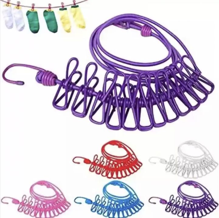 Clothesline Rope Elastic Cloth Drying Hanging Rope with 12 Clips and 2 Hooks Travel Clothesline Hanging Laundry Drying Rope 180CM