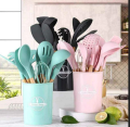 Silicone Kitchen Accessory Set with 12-Piece Storage Bucket (Wood + Silicone). 