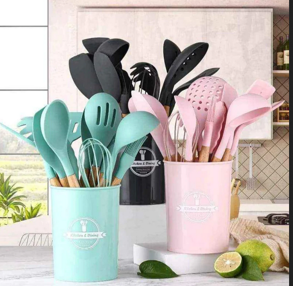 Silicone Kitchen Accessory Set with 12-Piece Storage Bucket (Wood + Silicone)