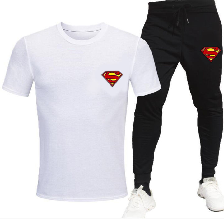 Trendy SUPERMAN LOGO Tag Printed Summer Tracksuit For Men & Boys Tee-shirt with trousers New Design Round Neck Half Sleeves T Shirts Top Quality Gym Wear/Casual and comfortable Pair T-Shirt and Trouser