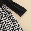 Children Girl Dress Two Piece Set, Houndstooth Printed Pattern Single Long Sleeve Patchwork Dress Matching Outwear Coat. 