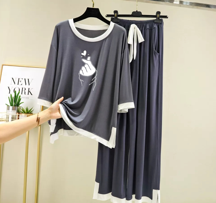 Sana Saleem's Night Dress for Girls Dress for Girls Nighty for girls full hot womens sleepwear ladies Loungewear womens nightwear Ladies nightdress sleepwear and Loungewear Plain Grey White Round Neck Pop Up Heart Printed Night Wear
