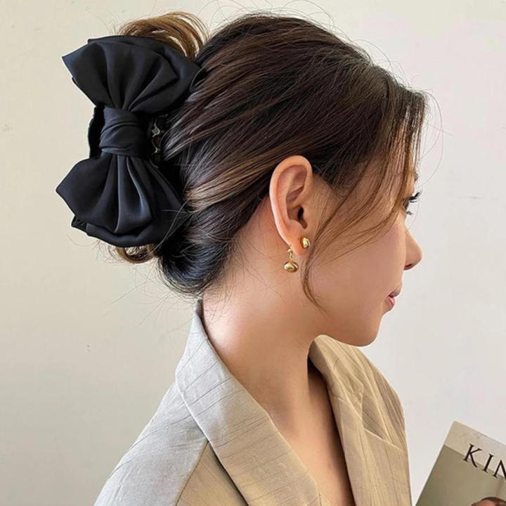 large size Black Double-sided Bow Clip Fashion Bow clip Satin surface Shark claws black Double sided Bow tie hair clip for Hair