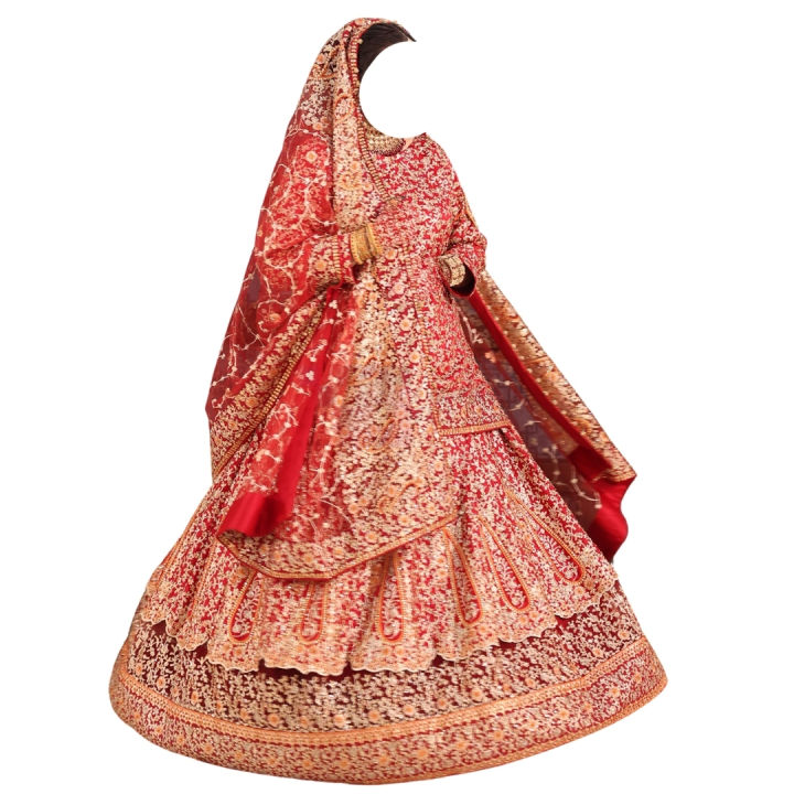 Preloved Baraat Dress - 30 Inch Kameez Height - Red And Golden - Girls - Pack Of 1