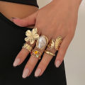 New 2026 6Pcs/Set Vintage Flower Metal Rings Baroque Imitation Pearl Ring Female Niche Exaggerated Open Ring Fashion Jewelry Rings. 
