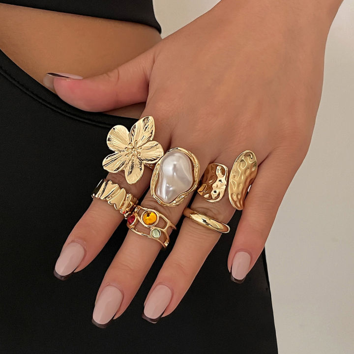 New%202026%206Pcs/Set%20Vintage%20Flower%20Metal%20Rings%20Baroque%20Imitation%20Pearl%20Ring%20Female%20Niche%20Exaggerated%20Open%20Ring%20Fashion%20Jewelry%20Rings%20-%20Image%208